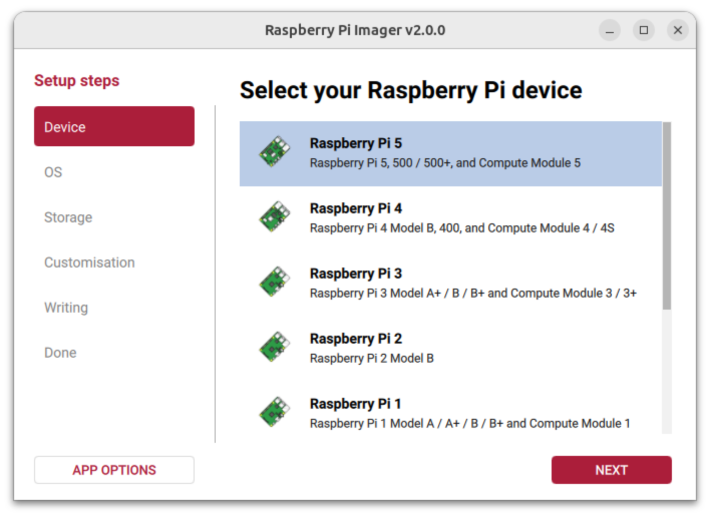 Raspberry Pi Imager V2.0.0 Raspberry Pi 5 Device Raspberry Pi Imager V2.0.0 Raspberry Pi 5 Device