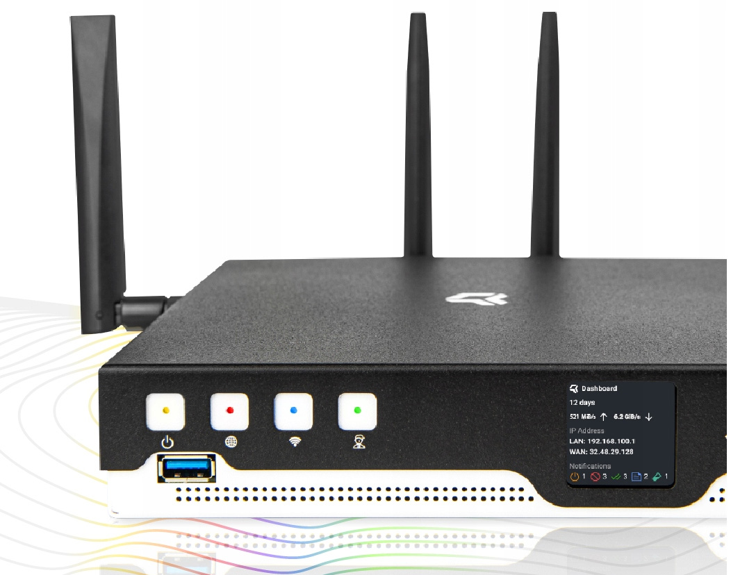 Turris Omnia NG Wi Fi 7 router wih display on Turris Omnia NG Wi Fi 7 router wih display on