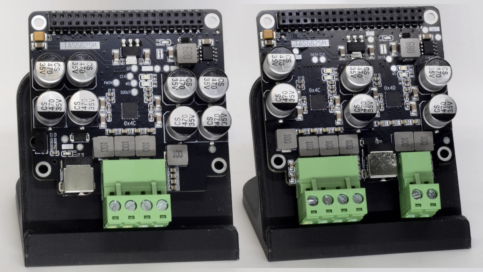 1X Plus model (Left) 2X Plus model (Right) Raspberry Pi class-D amplifier HAT : 1X Plus model (Left) 2X Plus model (Right)