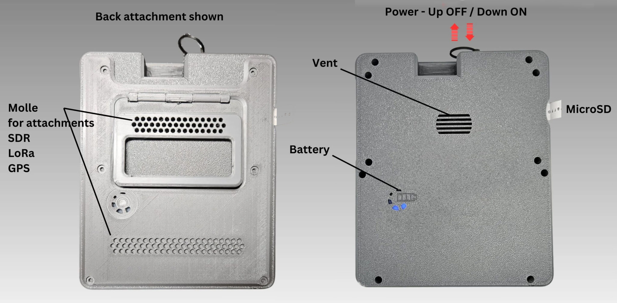 Optional modular back with kickstand and mounting grid (left), standard flat back with vents and battery indicator (right) Optional modular back with kickstand and mounting grid (left), standard flat back with vents and battery indicator (right)