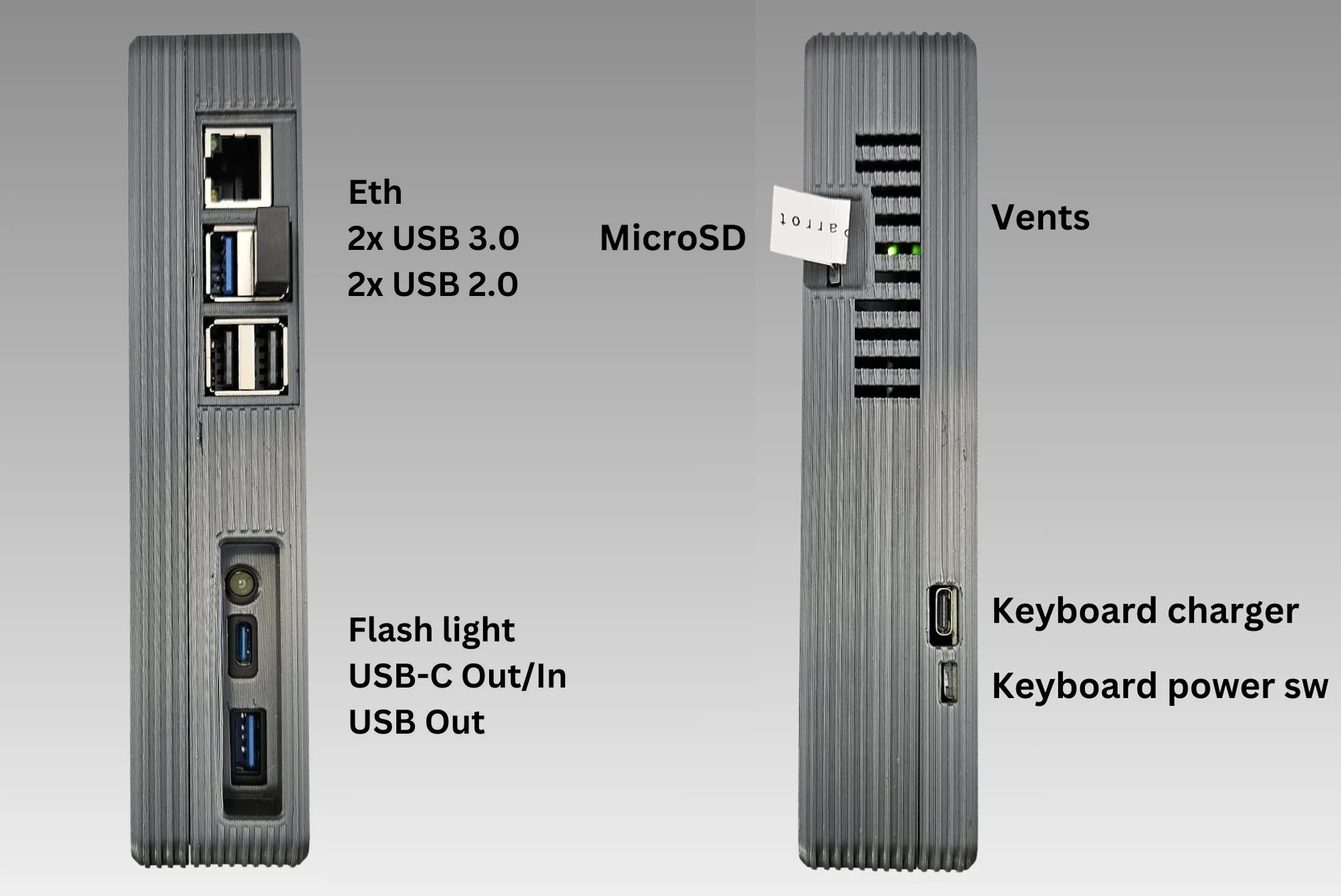 Pi Slate Left and Right Sice Side views showing ports and controls—Ethernet, USB 3.0/2.0, USB-C, and flashlight (left), and microSD slot, vents, and keyboard power/charging controls (right).
