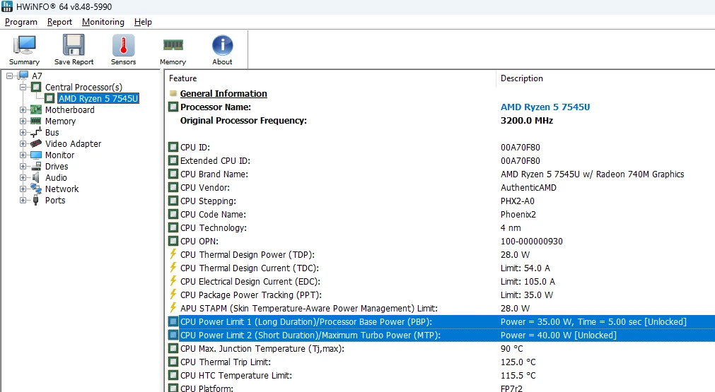 AMD Ryzen 5 7545U CPU Power Limit AMD Ryzen 5 7545U CPU Power Limit