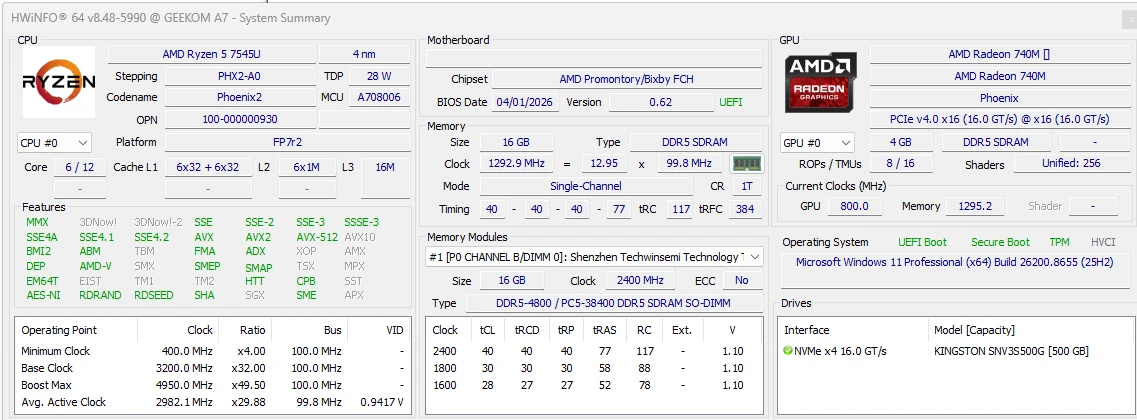 GEEKOM A7 AMD Ryzen 5 7545U HWinFO GEEKOM A7 AMD Ryzen 5 7545U HWinFO