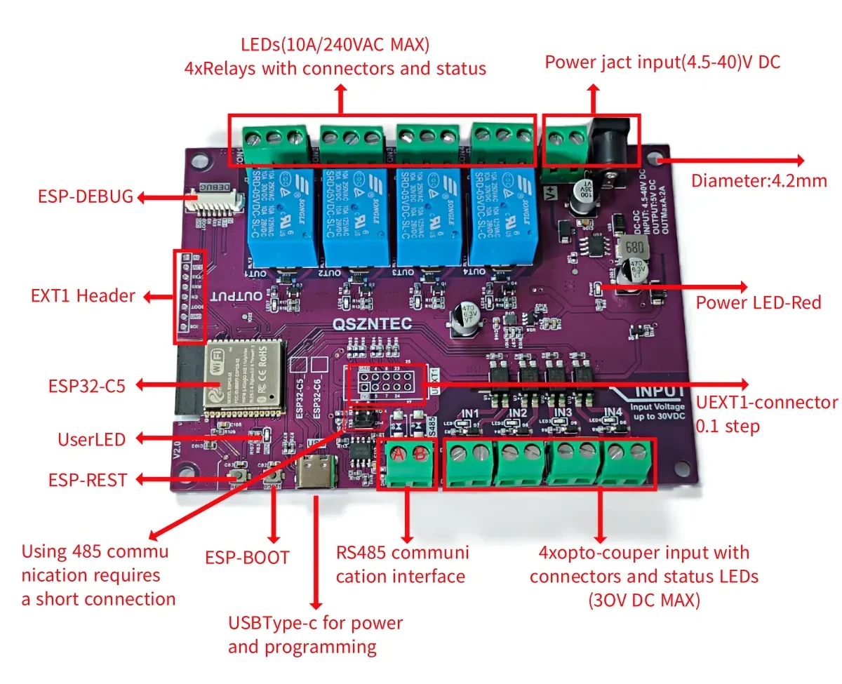 ESP32-C5 quad relay board specifications ESP32-C5 quad relay board specifications