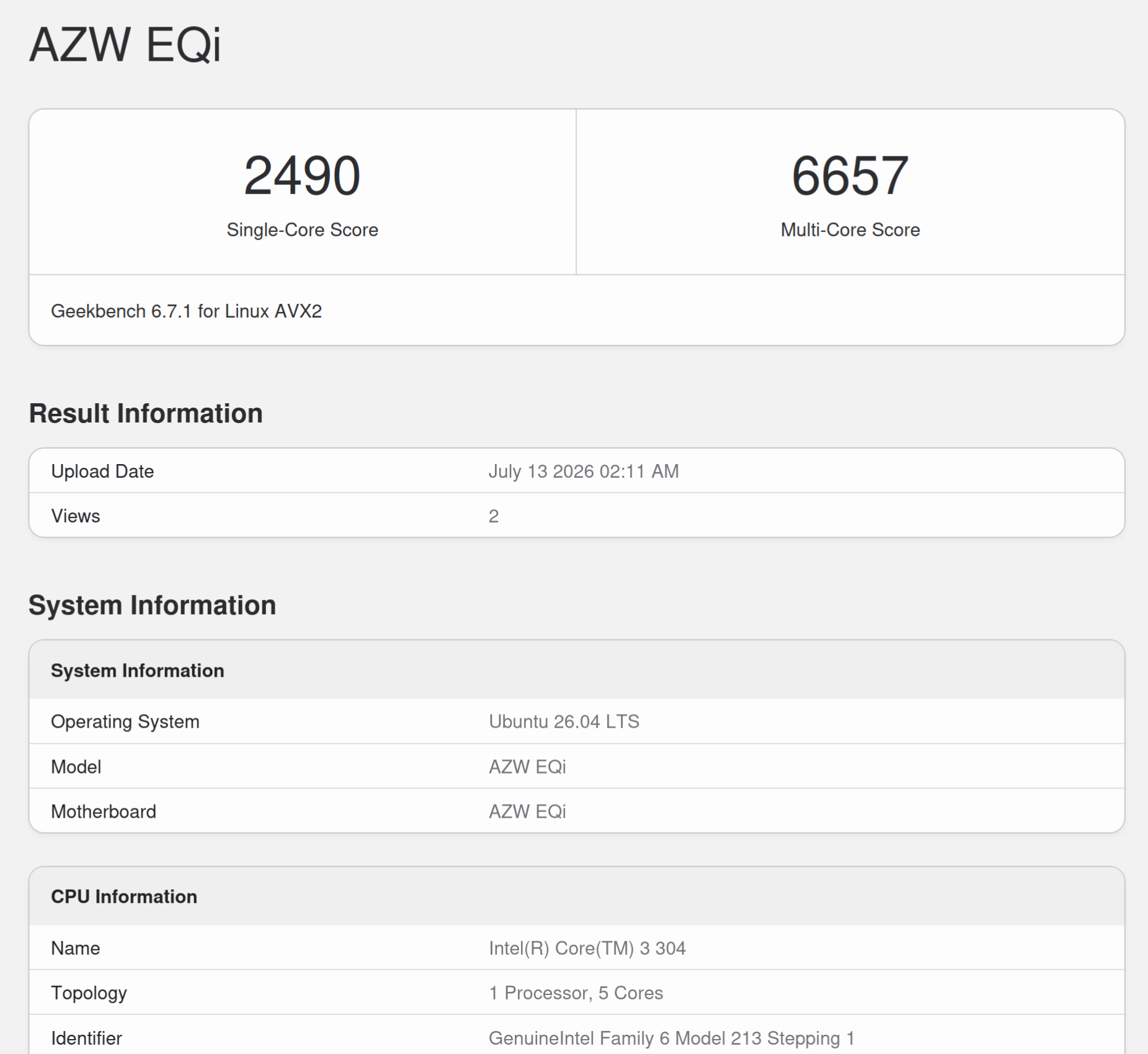 Intel Core 3 304 Wildcat Lake CPU Geekbench 6 benchmark Intel Core 3 304 Wildcat Lake CPU Geekbench 6 benchmark