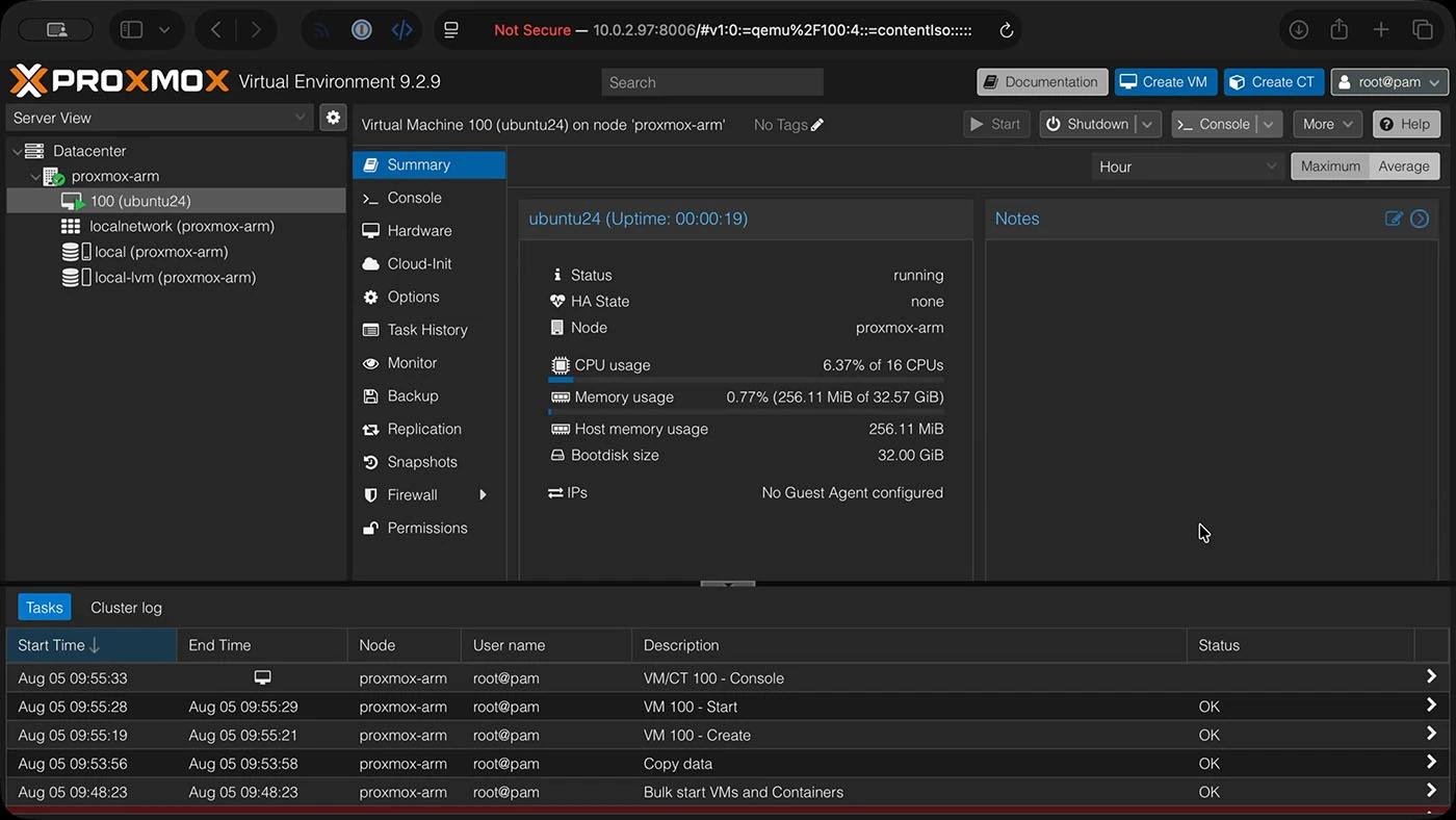 Promox VE 9.2 Arm screenshot Promox VE 9.2 Arm screenshot