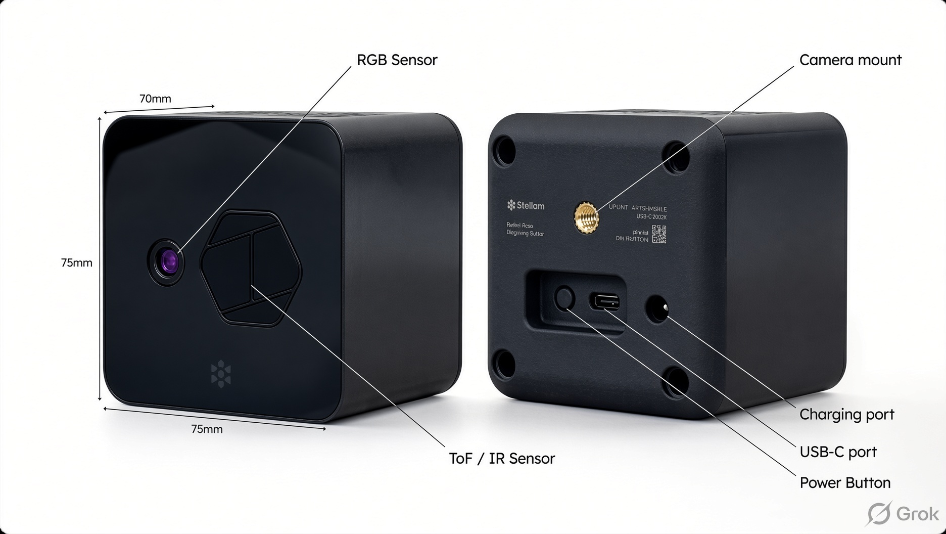 Soulart Station dimensions and rear connectivity, including USB C, power, and mounting points. Soulart Station dimensions and rear connectivity, including USB C, power, and mounting points.