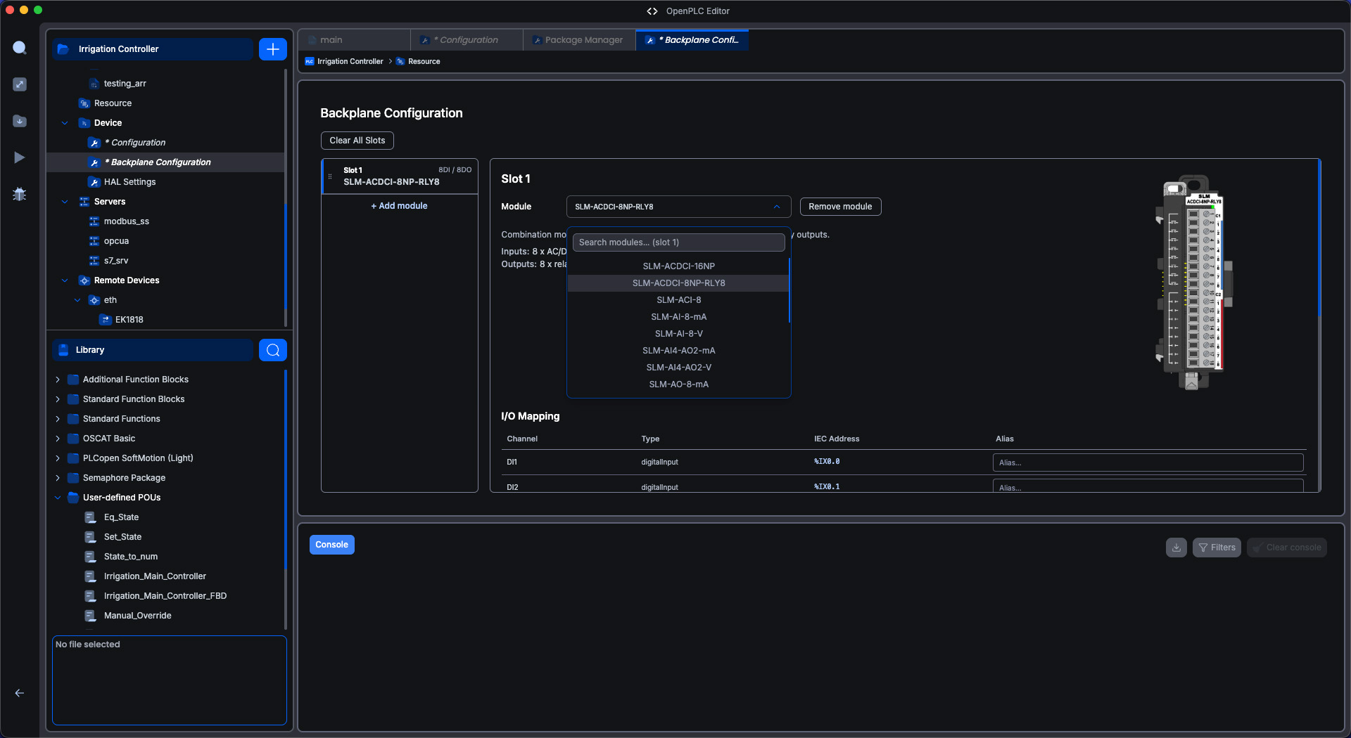 Backplane Configuration screen (selecting modules per slot and IO mapping) Backplane Configuration screen (selecting modules per slot and IO mapping)