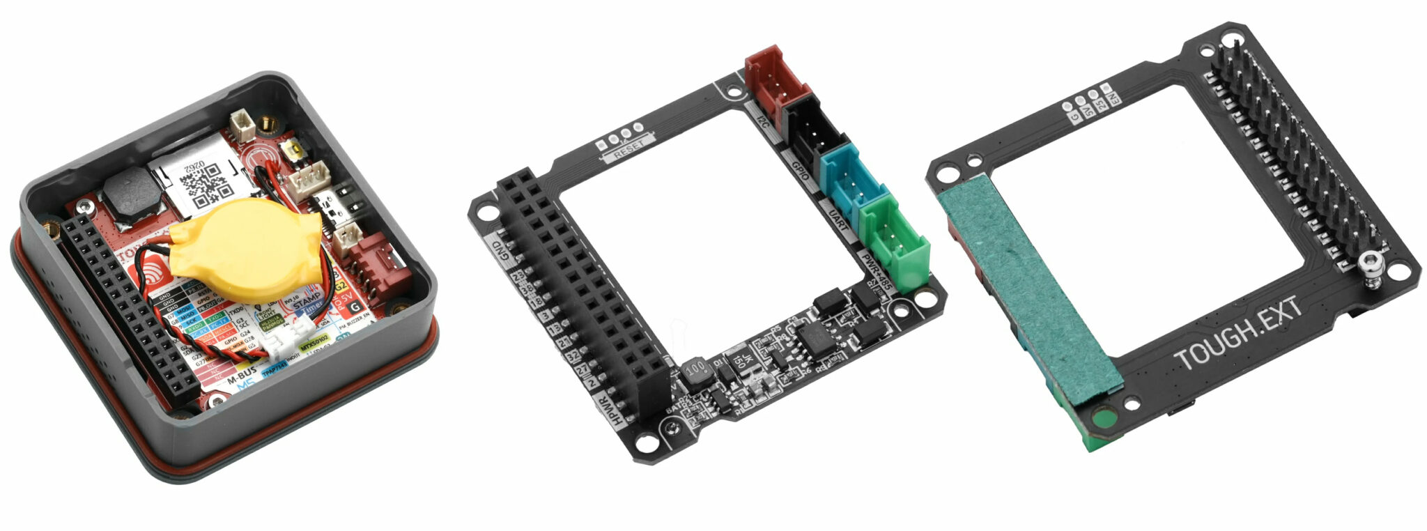 M5Stack ToughC5 internal hardware showing the main PCB Expansion board with I2C, GPIO, UART, and RS485 front and back side (left to right) M5Stack ToughC5 internal hardware showing the main PCB Expansion board with I2C, GPIO, UART, and RS485 front and back side (left to right)