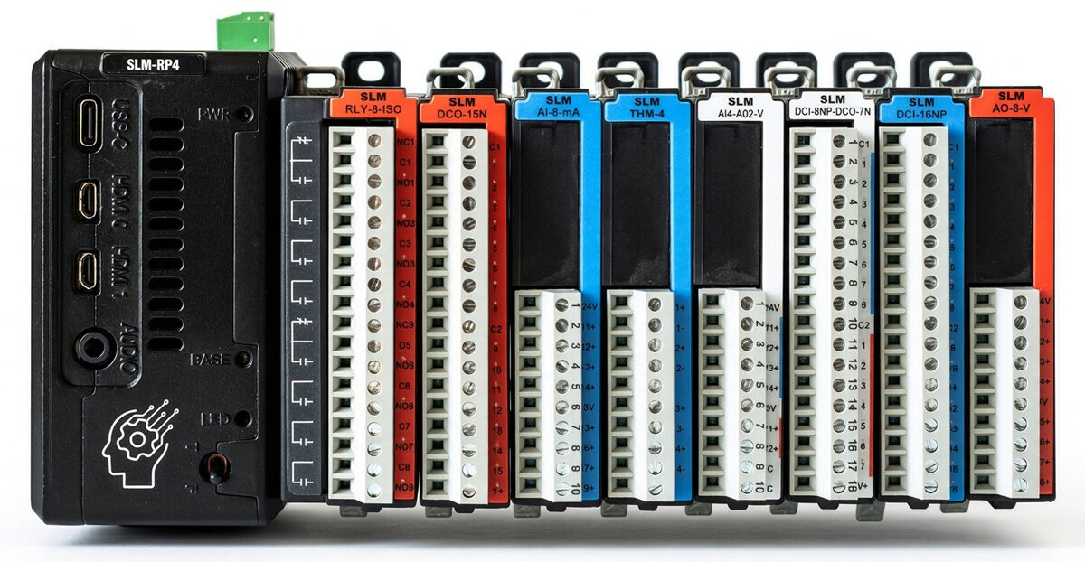 Synergy Logic SLM RP4 industrial controller with eight stackable IO modules connected through an SPI based backplane Synergy Logic SLM RP4 industrial controller with eight stackable IO modules connected through an SPI based backplane